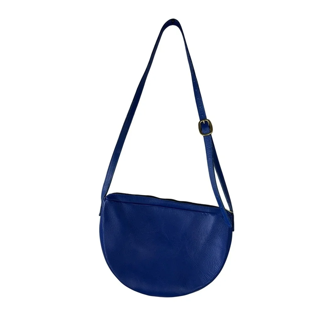 Directive Cobalt Blue Leather Half Moon Crossbody Bag Adjustable Strap Brass
